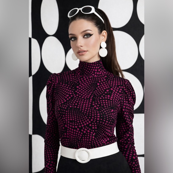 Nine West Tops - Nine West Women's Blouse Puff Sleeves Geometric Pink Print‎ Feminine Career Y2K